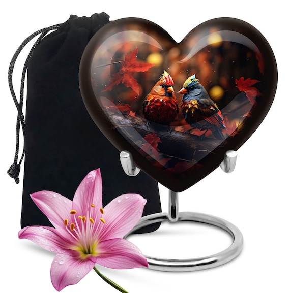 Heart Urn with Vibrant Cardinals Design, Artistic Black Heart Memorial Urn for Adult Customizable Cremation Urn for Human Ashes Keepsake Urn