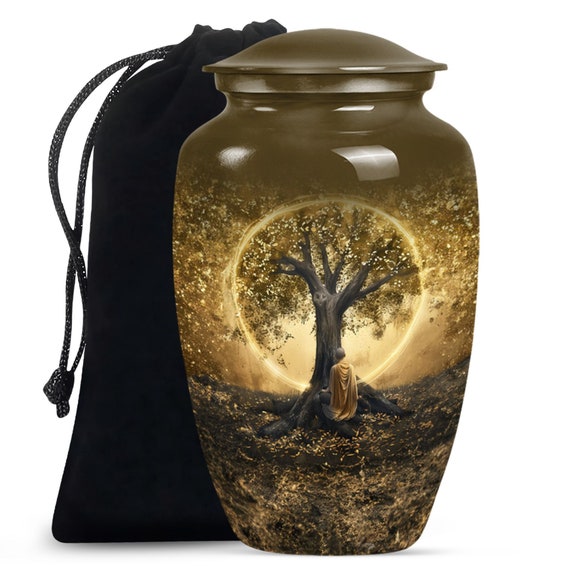 Meditative Tree Urn for Human Ashes keepsake Cremation Urn for Male & female Aluminum 10” Large Urn, 3” Keepsake Decorative Urn for Adult,