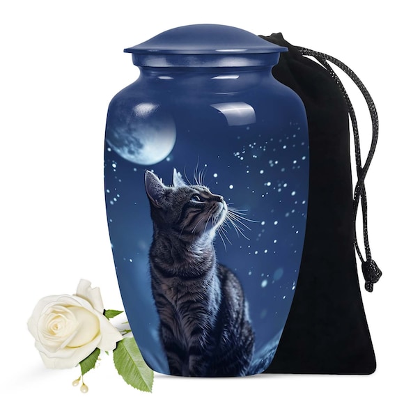Cat Cremation Urn with Moon and Stars | Cat Memorial Urns with Pet Lovers | Handmade Cat Urns for Ashes | Decorative Small & Large Cat Urns