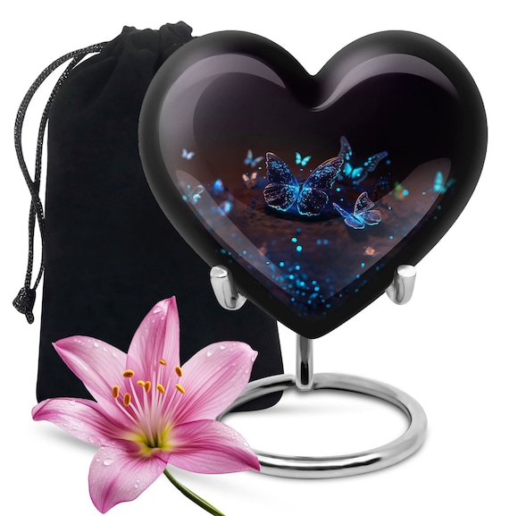 Heart-Shaped Black Memorial Urn with Glowing Blue Butterflies, Elegant Keepsake Urn for Ashes, Large Decorative Urn for Adult Ashes, 8" Urn