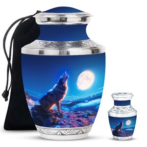 Wolf Howling at Moon Urn for Human Ashes, Memorial keepsake Urn, Large and Keepsake Sizes, Decorative Funeral Urn, Wolf Cremation Ashes Urn