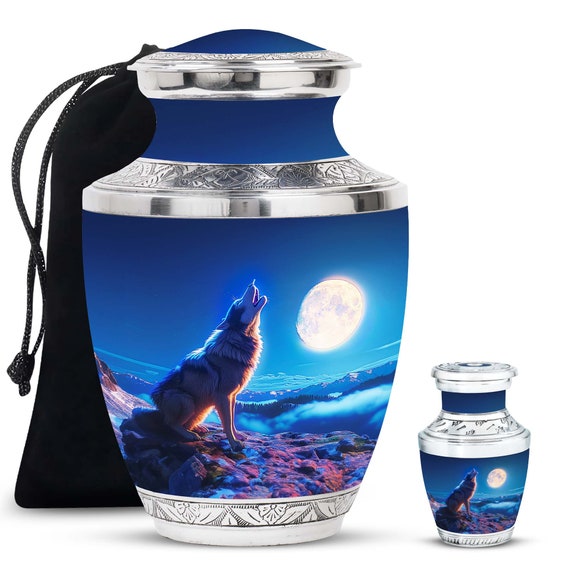 Wolf Howling at Moon Urn for Human Ashes, Memorial keepsake Urn, Large and Keepsake Sizes, Decorative Funeral Urn, Wolf Cremation Ashes Urn
