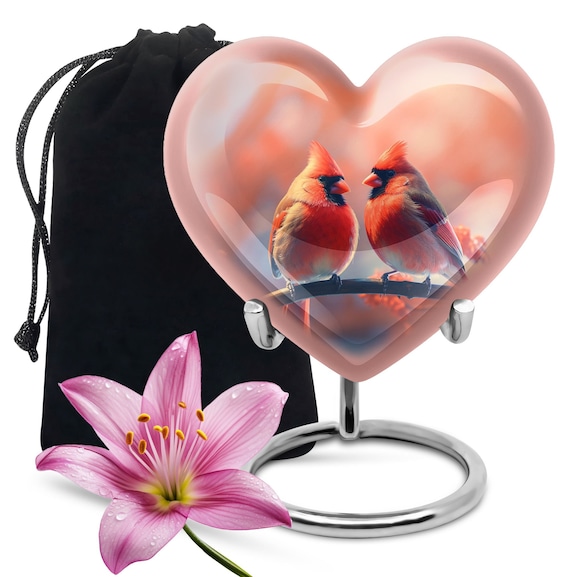 Heart Shaped Cardinal Birds Memorial Urn in Pink, Bird Lovers Cremation Urn for Human Ashes keepsake Urn for Adult, 8" Large Decorative Urn