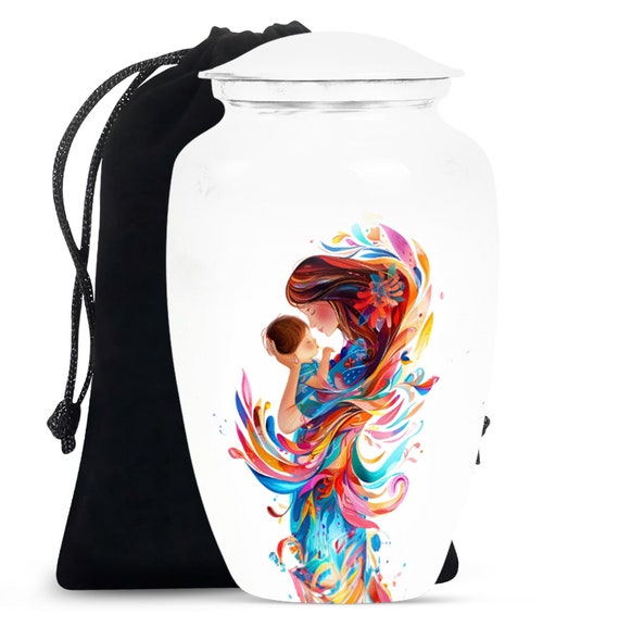 Mother and Child Cremation Urn, White with Colorful Abstract Design, Eternal Love and Bond Tribute, Decorative Memorial Urn for Human Ashes