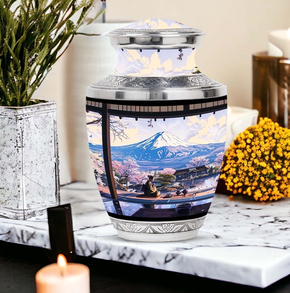 Handcrafted Aluminum Urn with Japanese Zen Garden Scene; Customizable Memorial Urn for Ashes; Keepsake Urn for Adult, 10" Personalized Urns