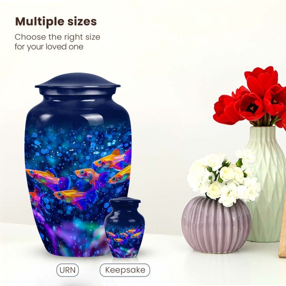 Blue Fish Urn for Ashes with Colorful School of Fish Design - Personalized Aluminum Cremation Urn, Custom Memorial, Large 10', Keepsake 3''