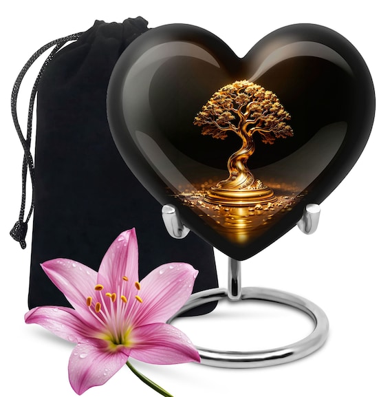 Golden Tree of Life Heart-Shaped Memorial Urn in Black Large Decorative Urn for Human Ashes keepsake Urn for Adult, Small Cremation Urn Ash