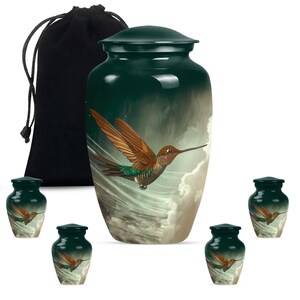 Elegant memorial urn featuring a serene green background with a hummingbird.