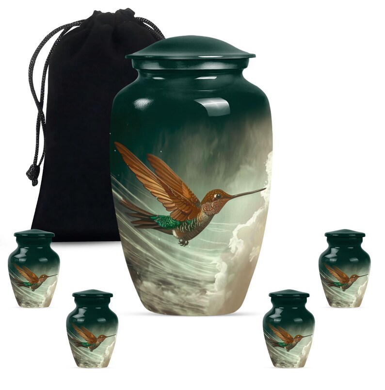 Elegant memorial urn featuring a serene green background with a hummingbird.