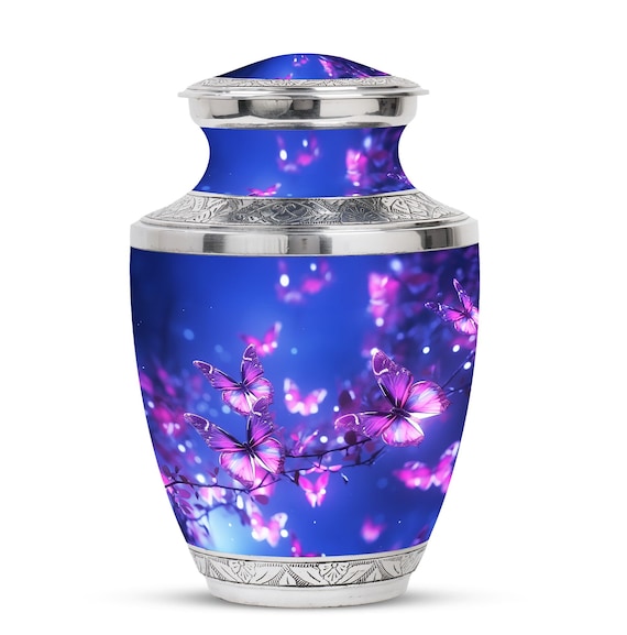Purple butterflies Urn for Human Ashes, Cremation Urns Floral Design and Personalized Decorative Urn, Adult Memorial Urn for keepsake Ashes