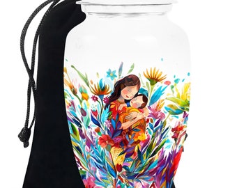 Colorful Mother and Child Funeral Burial Urn for Ashes, Decorative Urns for Human Ashes, Cremation Keepsake Urn for Adults