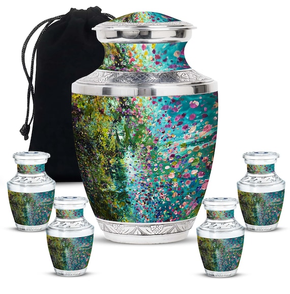 Beautiful Garden Scene Cremation Urn for Human Ashes, Decorative Urn with Garden Artwork Ashes Keepsake, Customizable Memorial Urn Flowers