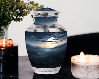 May include: A silver and blue cremation urn with a mountain scene and a full moon. The urn has a silver lid and a silver base.