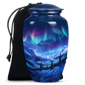 10" large Northern Lights Aurora Borealis Scene Blue Urn for Ashes - Handcrafted Decorative Memorial Urn - Artistic Mountain Urns for Adult