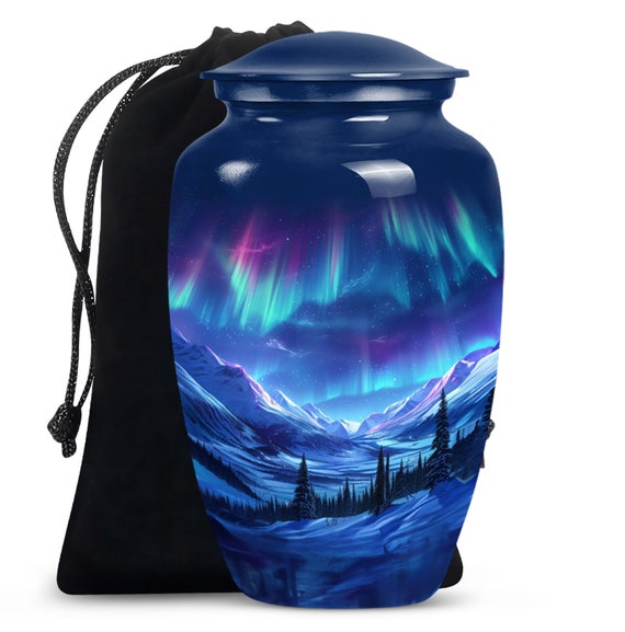 10" large Northern Lights Aurora Borealis Scene Blue Urn for Ashes - Handcrafted Decorative Memorial Urn - Artistic Mountain Urns for Adult