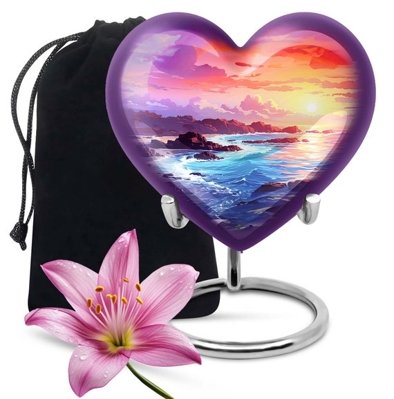 Heart Shaped Memorial Urn with Ocean Sunset Design in Purple Urn, Cremation Urn For Ashes keepsake Urn for Adult, Ocean Small Urn, 8" Urns