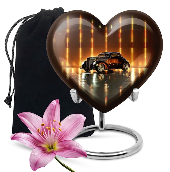 Heart Shaped Classic Car Design Memorial Urn in Brown, Cremation Urn for Human Ashes keepsake Urn for Adult, 10" Large Car Decorative Urns