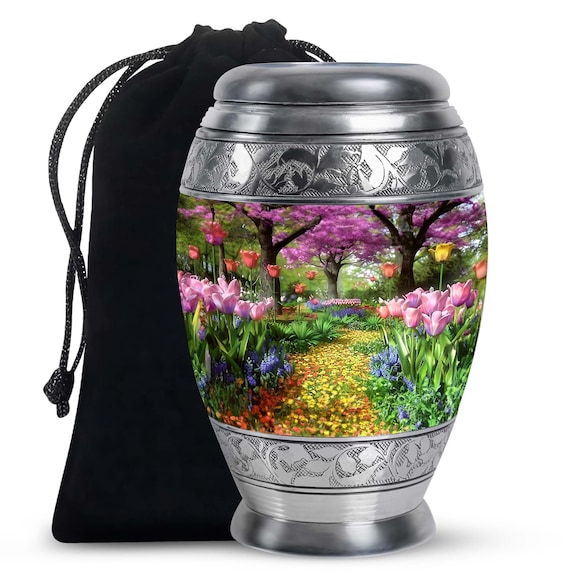 Beautiful Floral Garden Path Large Urn for Human Ashes, Decorative Memorial Keepsake, Unique Custom Cremation Urn, Modern Adult Ashes Urns