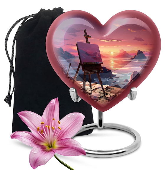 Artistic Heart Shaped Urn with Scenic Sunset Painting – Keepsake Memorial Urn For Adult Ashes keepsake Urn for Human Ashes, Crenation Urn