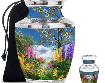 Colorful Floral Garden Memorial Urns for Human Ashes, Decorative Urn for Adults, Funeral Keepsake Urn for Ash