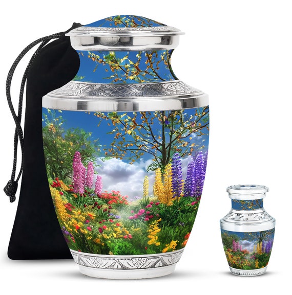 Floral Garden Urn Set for Human Ashes - Adult Memorial Urn, Personalized Urns, Large Decorative Funeral Urn, Floral Urn with flowers Ashes