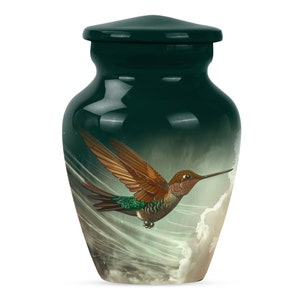 Green hummingbird design cremation urn for human ashes.