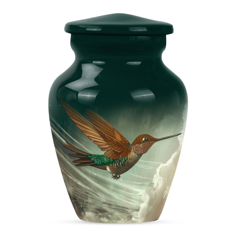 Green hummingbird design cremation urn for human ashes.