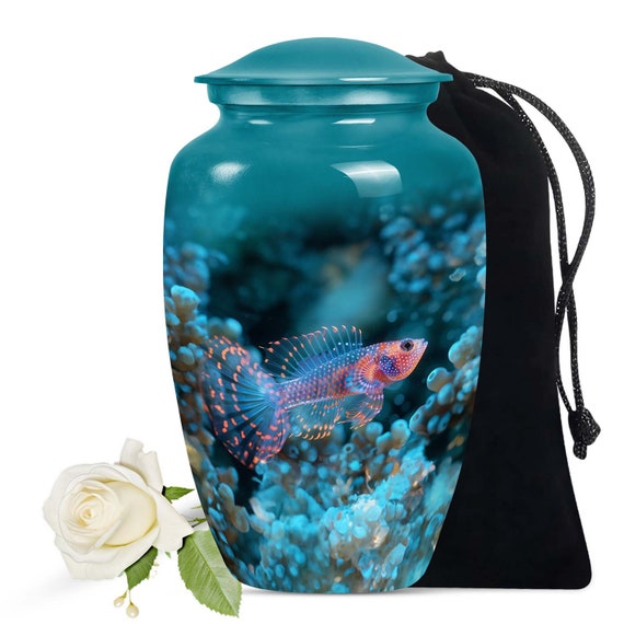 Blue & Orange Fish Urn for Ashes with Vibrant Underwater Design - Personalized Aluminum Cremation Urn, Custom Memorial, Large 10'' nd 3" Urn