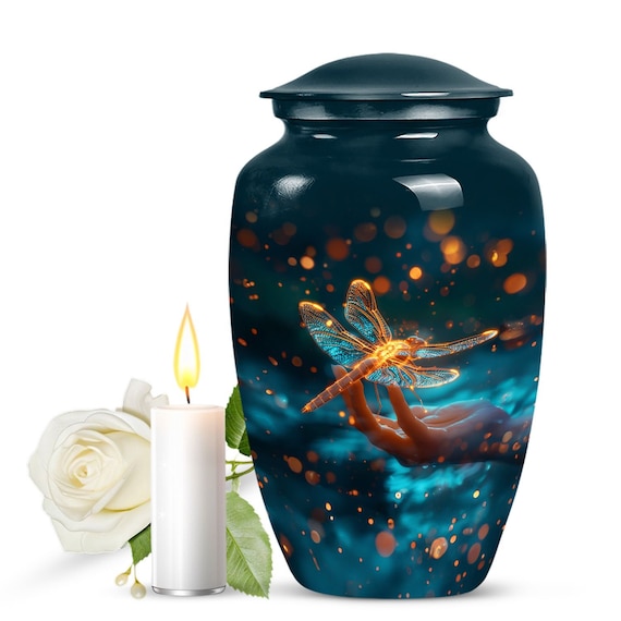 Dragonfly Cremation Urn, Elegant Black Memorial Urn for Human Ashes, Artistic Dragonfly in Hand Design, Personalized Urn for Adult Ashes Urn
