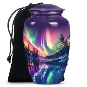 Northern Lights Aurora Borealis Scene Blue Urn for Ashes, Handcrafted Decorative Memorial Urn - Artistic Mountain Landscape,  Ashes keepsake