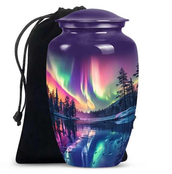 Northern Lights Aurora Borealis Scene Blue Urn for Ashes, Handcrafted Decorative Memorial Urn - Artistic Mountain Landscape,  Ashes keepsake