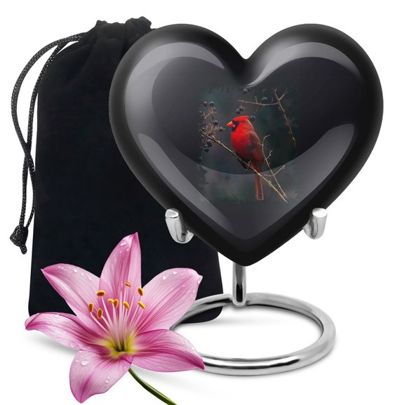 Heart Shaped Cardinal Bird Memorial Urn in Black, Cremation Urn for Human Ashes, Large Decorative Personalized Urn for Adult, Cardinal Motif