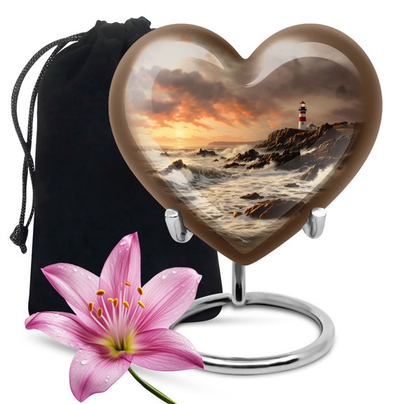 Heart Shaped Memorial Urn with Lighthouse and Ocean Waves Design, Cremation Urn for Human Ashes keepsake urn for Adult, Large Decorative Urn