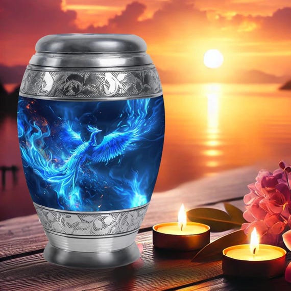 Phoenix Urn for Ashes Handcrafted Personalized  Keepsake Urn Customizable Memorial Urn: Majestic Blue Phoenix Design Cremation Urn for Adult