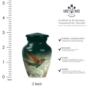 High-quality aluminum urn with a vibrant hummingbird artwork.