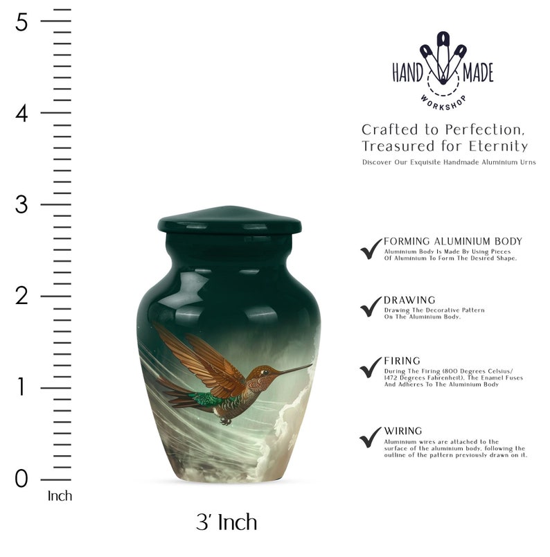 High-quality aluminum urn with a vibrant hummingbird artwork.