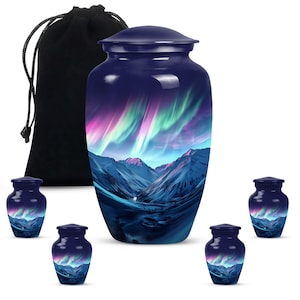Northern Lights Aurora Borealis Scene Blue Urn for Ashes - Handcrafted Large Decorative 10" Memorial Urn Artistic Mountain Landscape Design