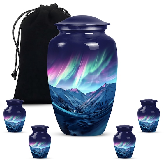Northern Lights Aurora Borealis Scene Blue Urn for Ashes - Handcrafted Large Decorative 10" Memorial Urn Artistic Mountain Landscape Design