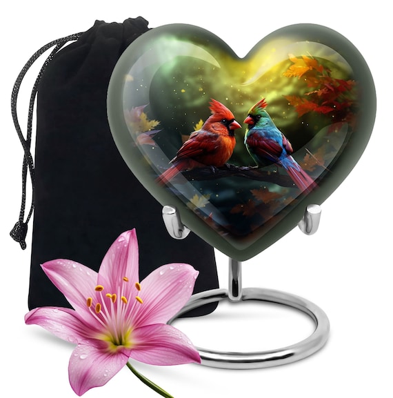Heart Urn with Cardinal Birds Design, Unique Keepsake Memorial Urn, Customizable Heart Cremation Urn for Ashes, 10" Decorative Funeral Urns