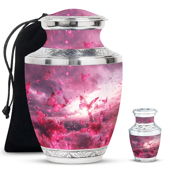 Pink Butterfly Large Urn for Human Ashes, Decorative Memorial Keepsake, Unique Custom Cremation Urn, Modern Adult Ashes Urn Mini Keepsake