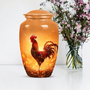 May include: A bronze-colored cremation urn with a rooster illustration. The urn has a lid and a glossy finish. The rooster is depicted in shades of red and brown against a golden, glowing background. The urn is a decorative item.