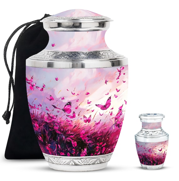 Pink Butterfly Meadow Sunset Urn for Human Ashes - Cremation Memorial Keepsake Urn, Ashes Keepsake, Adult 200 Cubic Urns, Pink Butterflies,
