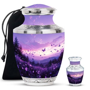 Purple Butterfly Meadow Cremation Urn Set, Scenic Memorial Urn for Ashes, Adult and Ashes Keepsake Urn, Large Decorative Urn Small Container
