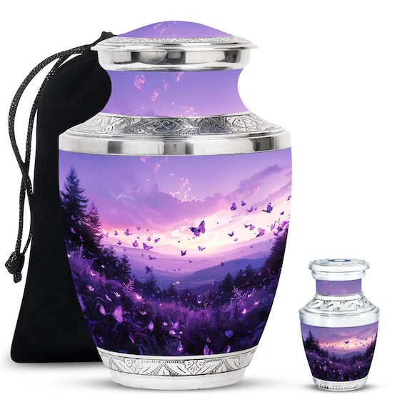 Purple Butterfly Meadow Cremation Urn Set, Scenic Memorial Urn for Ashes, Adult and Ashes Keepsake Urn, Large Decorative Urn Small Container