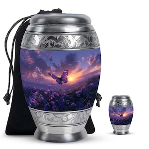Sunset Purple Butterfly Urn for Ashes - Decorative Memorial Urn with Majestic Butterfly Keepsake Ashes Urns - 3&quot; Keepsake & 10&quot; Customizable