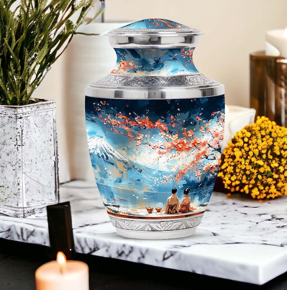 Cherry Blossom and Mount Fuji Scene, Customizable Memorial Urn for Human Ashes Keepsake Urn for Adult, Personalized Decorative Urn Large Urn