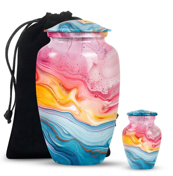 Vibrant Pink, Yellow, and Blue Swirl Design Urn for Ashes - Large 200 Cubic Inch Cremation Urn - Artistic Memorial Keepsake Urn, Ashes Urns