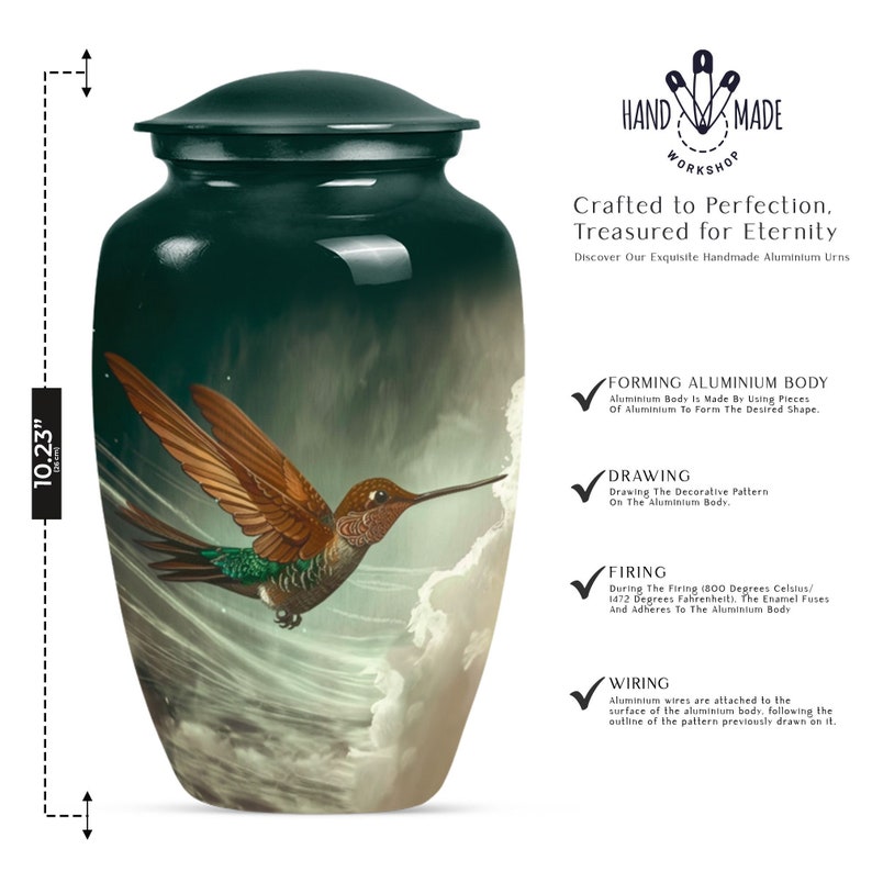Beautiful memorial urn with a serene green background and hummingbird motif.