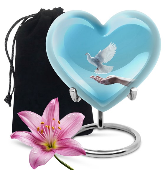 Heart Urn with Peaceful Dove Design, Light Blue Heart Memorial Keepsake Urn, Customizable Cremation Urn for Human Ashes Large Urn for Adult