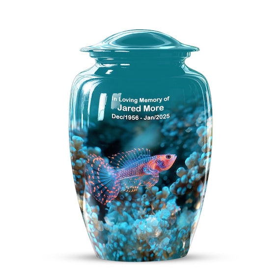 Blue and Orange Fish Funeral Keepsake Urn for Ashes, Memorial Urns for Human Ashes, Blue Keepsake Urn for Adults
